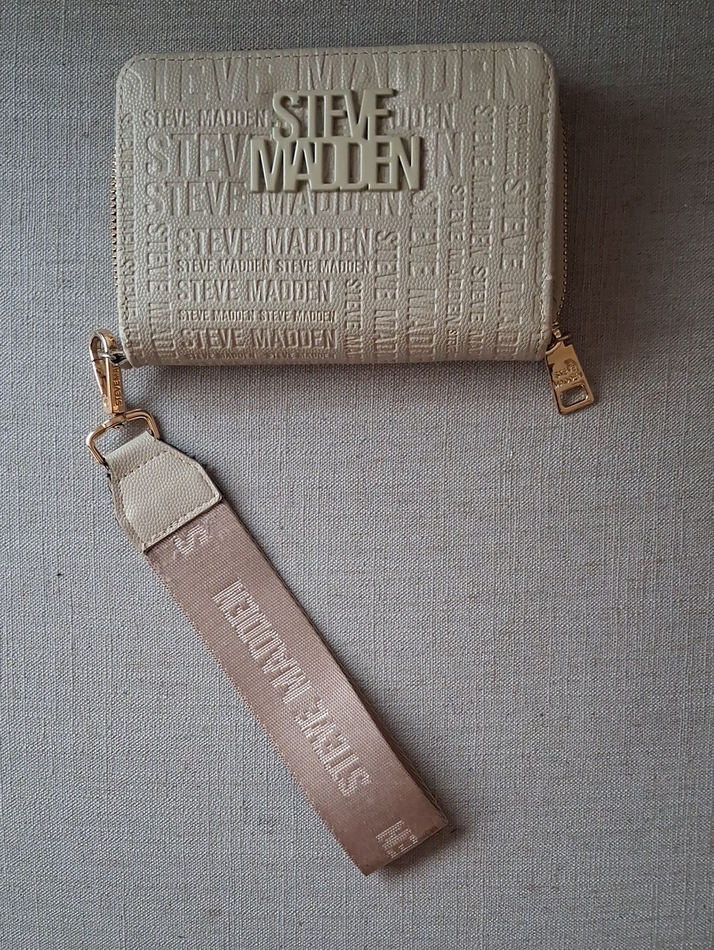 Steve Madden Taupe Embossed Logo Zip Wallet with Detachable Strap